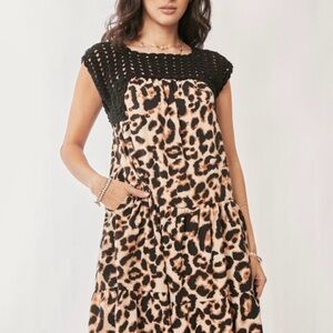 David & Dani crochet bodice leopard print tiered mini dress new Large pockets